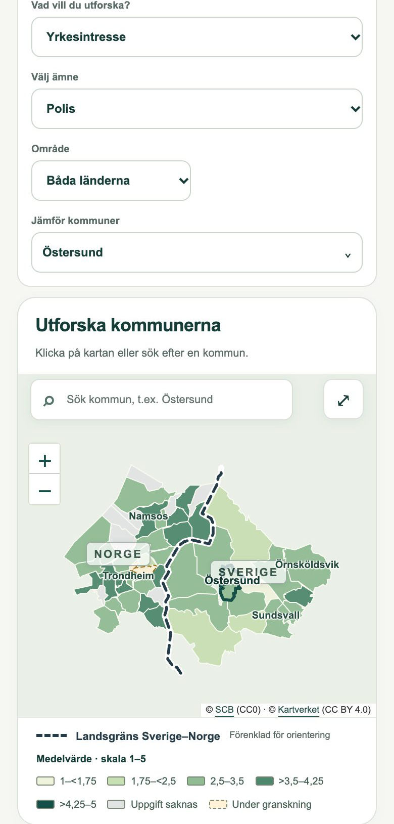The same tool at phone width: topic and area selectors above the map.