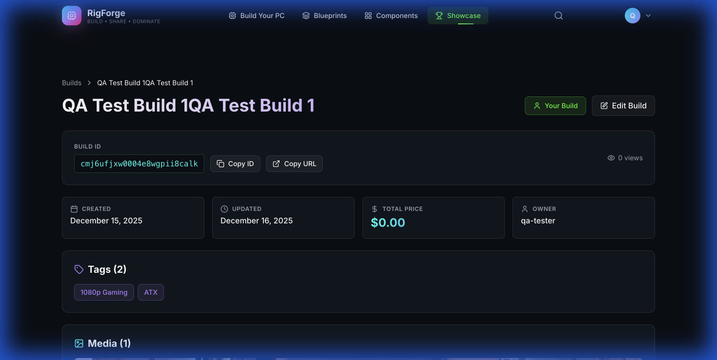 Saved build detail page with build ID, dates, total price, owner and tags.