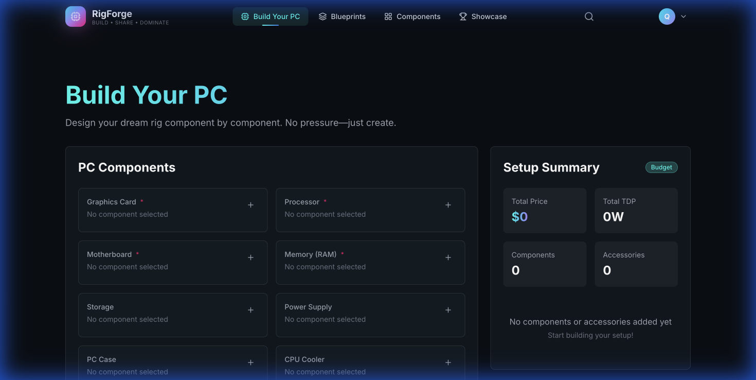 Build studio listing component slots such as graphics card, processor and memory, with a setup summary panel.