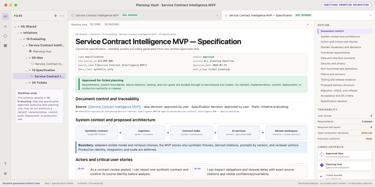 Detailed sanitized Obsidian reading view of the approved Service Contract Intelligence MVP specification, showing metadata, architecture, user stories, requirements, data contracts, security, recovery, tests, delivery structure, decisions, traceability, and checkpoint.