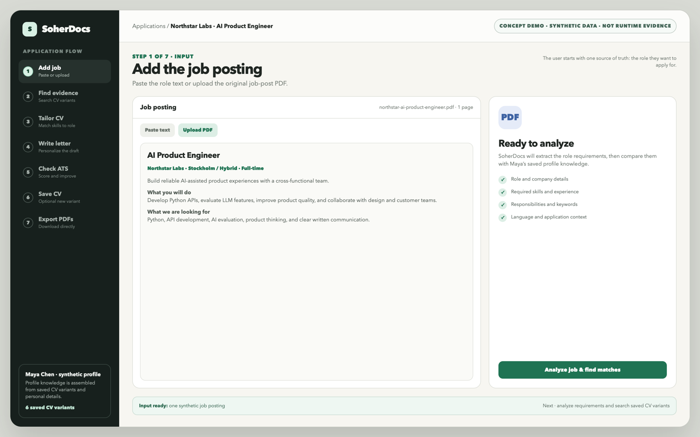 SoherDocs concept screen with an uploaded AI Product Engineer job posting and a button to analyze the role and find profile matches