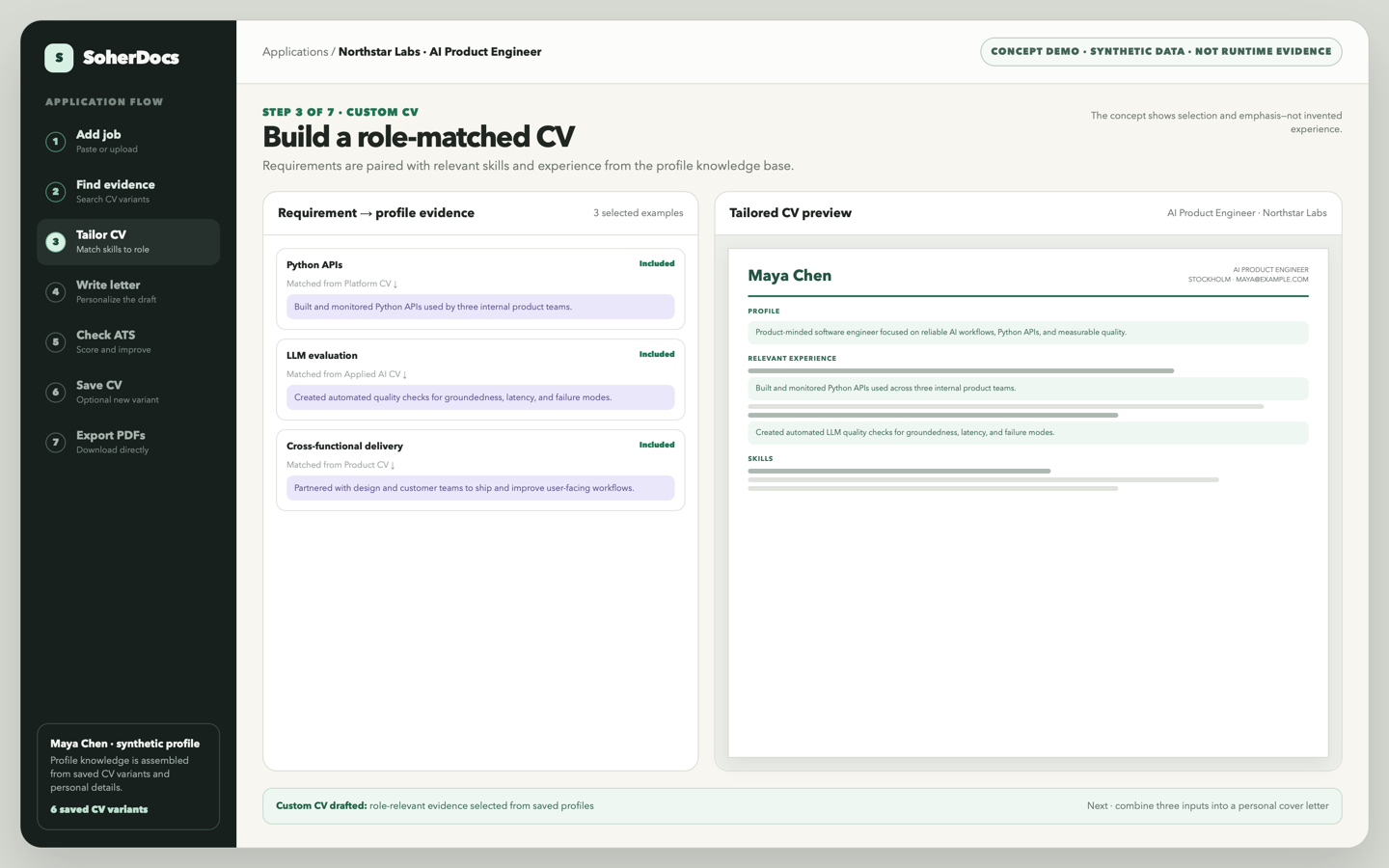 SoherDocs concept tailoring screen mapping job requirements to saved profile evidence beside a custom CV preview