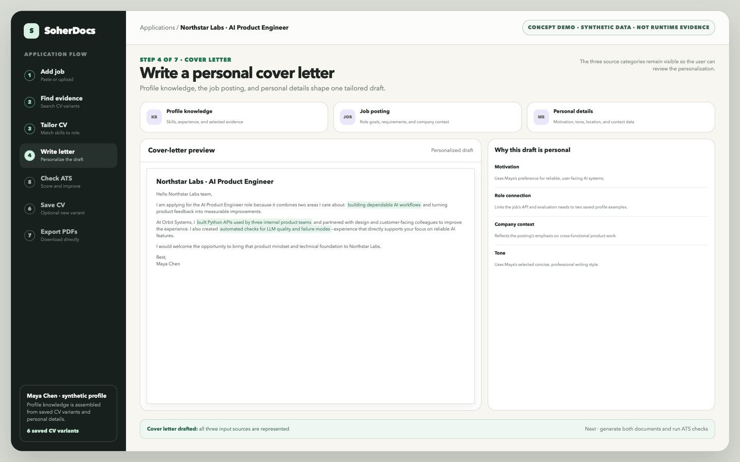 SoherDocs concept cover-letter screen showing profile knowledge, job posting, and personal details as sources for a personalized draft