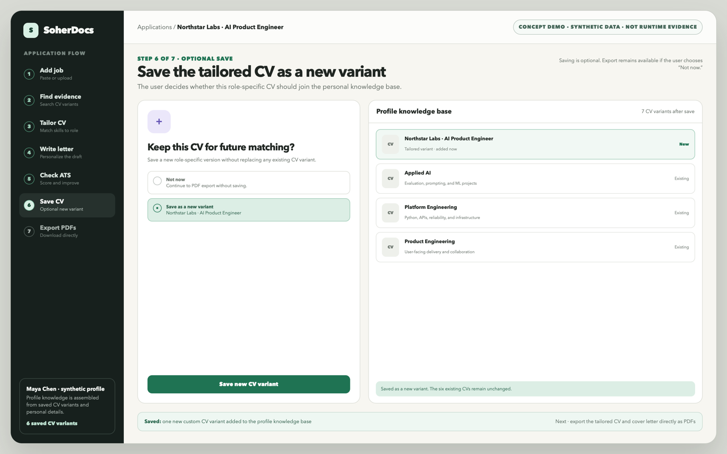 SoherDocs concept save screen showing an optional save choice and a newly added role-specific CV variant in the profile knowledge base