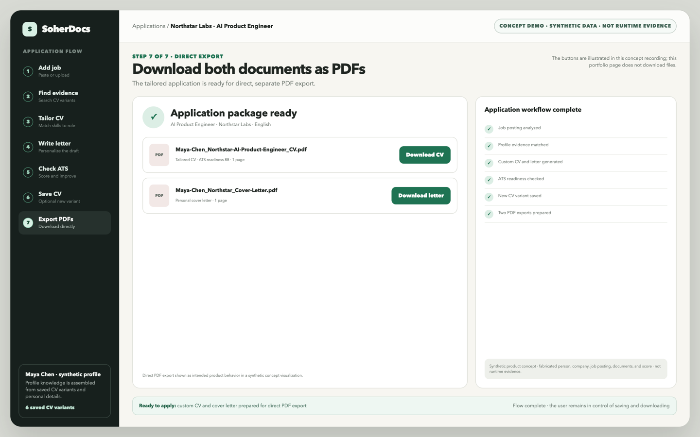 SoherDocs concept export screen with separate direct PDF download actions for the tailored CV and cover letter